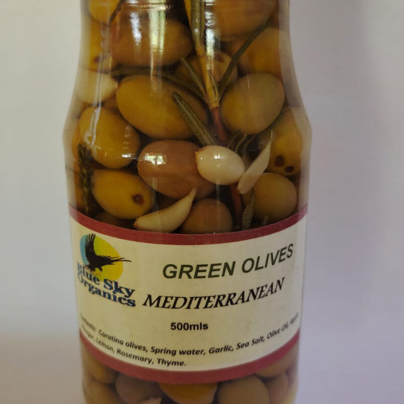 This is a product image showcasing our Mediterranean Olives. Made with Green Coratina olives, herbs, and garlic, they bring the flavours of the Mediterranean to your table.
